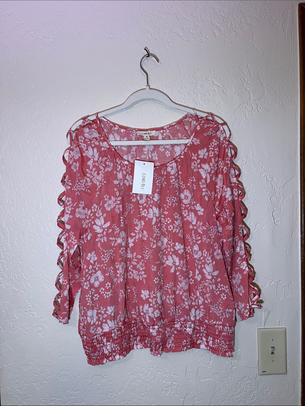 Floral Pink Cold-Shoulder Blouse with Ladder Sleeve Detail